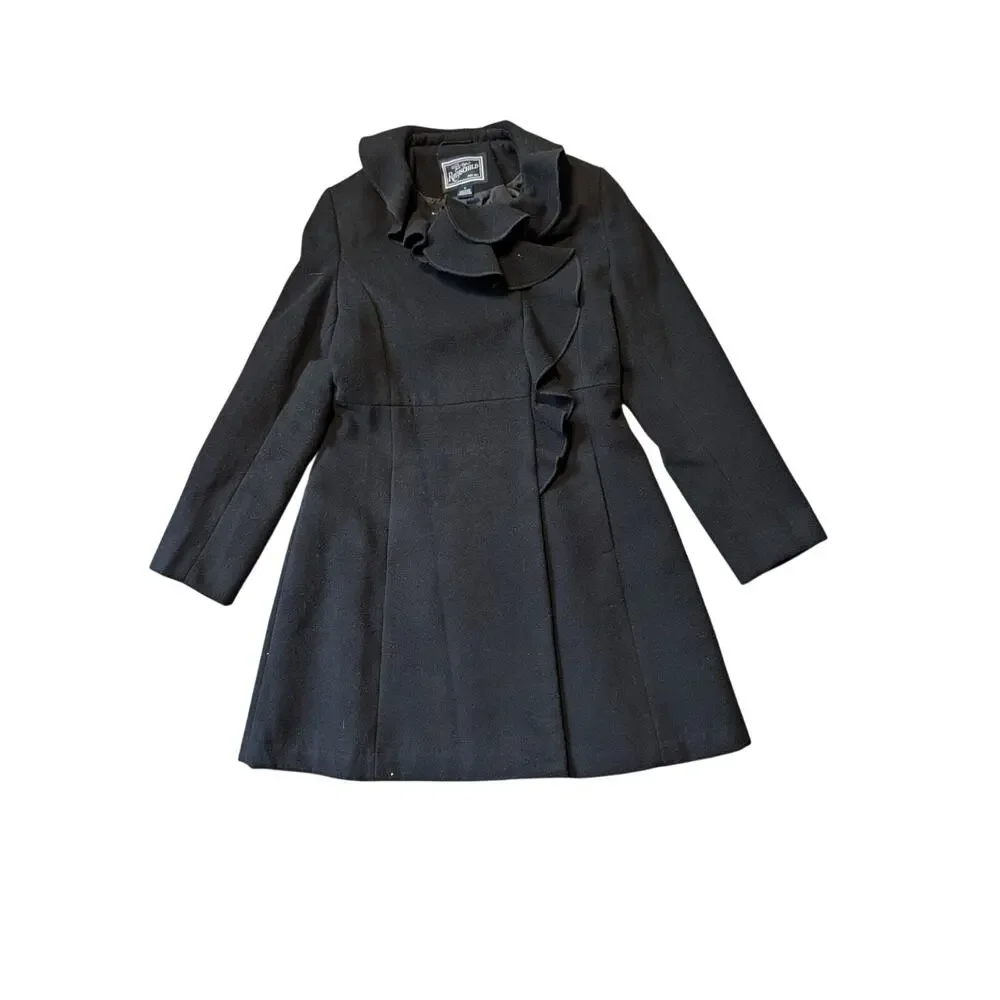 Rothschild Girls Black Faux Wool Ruffle Collar Button Up Pea Coat Jacket Sz 12